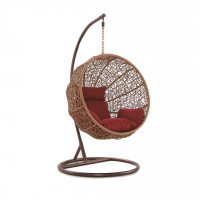 Manhattan Comfort OD-HC001-RD Zolo Metal and Rattan Hanging Lounge Egg Patio Swing with Red Cushion